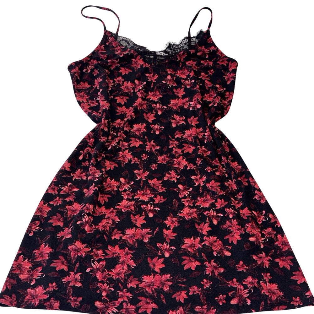 Express Women’s Red Floral Slip Dress Black Lace Trim Spaghetti Strap Small